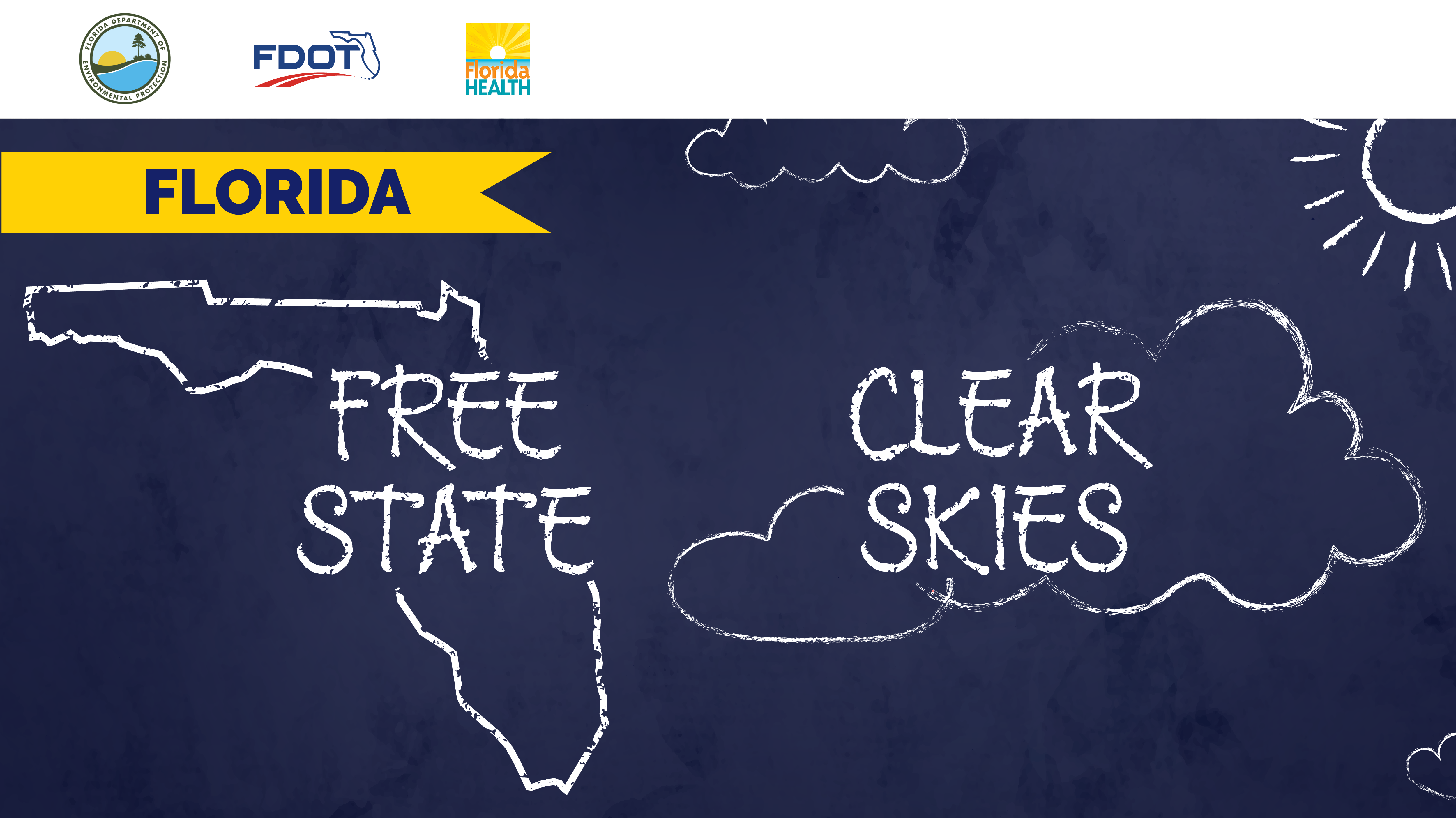 Bright blue sky with a couple clouds and the text Florida Free State Clear Skies.